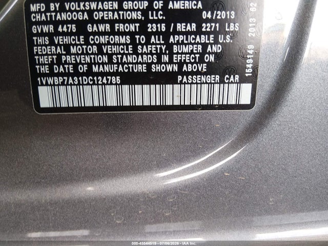 2013 Volkswagen Passat 2.5l Se მანქანა იყიდება აუქციონზე, vin: 1VWBP7A31DC124785, აუქციონის ნომერი: 45544519