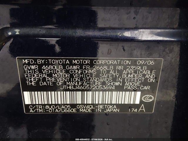 Aukcja sprzedaży 2007 Lexus Es 350, vin: JTHBJ46G572053694, numer aukcji: 45544532