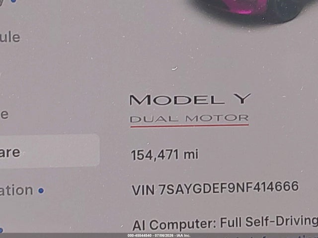 45544540 :رقم المزاد ، 7SAYGDEF9NF414666 vin ، 2022 Tesla Model Y Performance Dual Motor All-wheel Drive مزاد بيع