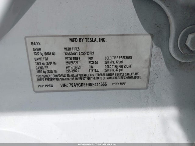 45544540 :رقم المزاد ، 7SAYGDEF9NF414666 vin ، 2022 Tesla Model Y Performance Dual Motor All-wheel Drive مزاد بيع