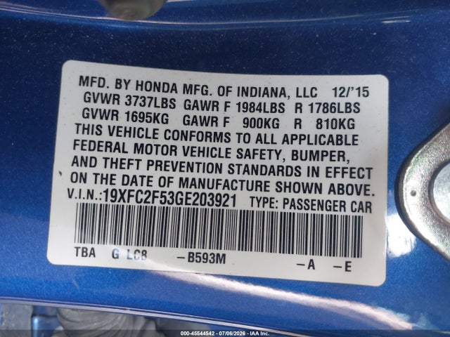 45544542 :رقم المزاد ، 19XFC2F53GE203921 vin ، 2016 Honda Civic Lx مزاد بيع