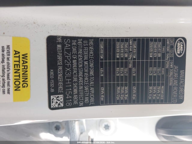 Продажа на аукционе авто 2020 Land Rover Range Rover Evoque Se, vin: SALZP2FX3LH115418, номер лота: 45544554