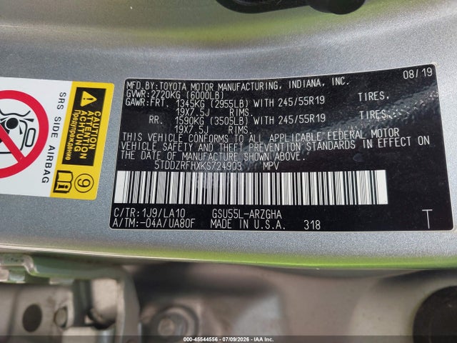 Продаж на аукціоні авто 2019 Toyota Highlander Limited, vin: 5TDDZRFHXKS724903, номер лоту: 45544556