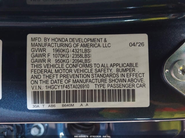 1HGCY1F45TA026910 Honda ACCORD SE
