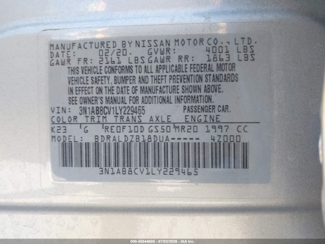 2020 Nissan Sentra Sv Xtronic Cvt მანქანა იყიდება აუქციონზე, vin: 3N1AB8CV1LY229465, აუქციონის ნომერი: 45544608