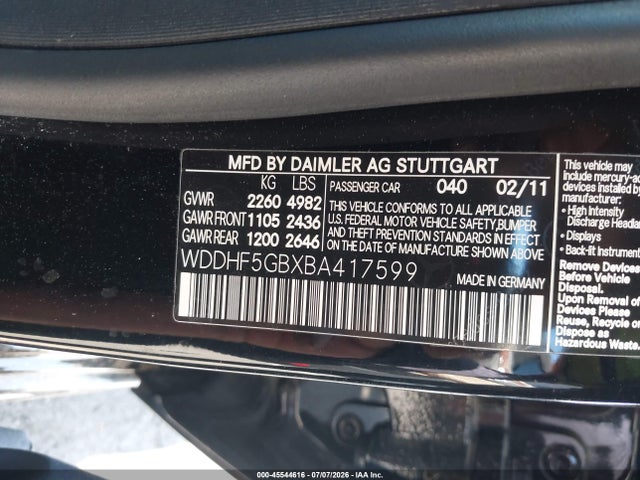 2011 Mercedes-benz E 350 მანქანა იყიდება აუქციონზე, vin: WDDHF5GBXBA417599, აუქციონის ნომერი: 45544616