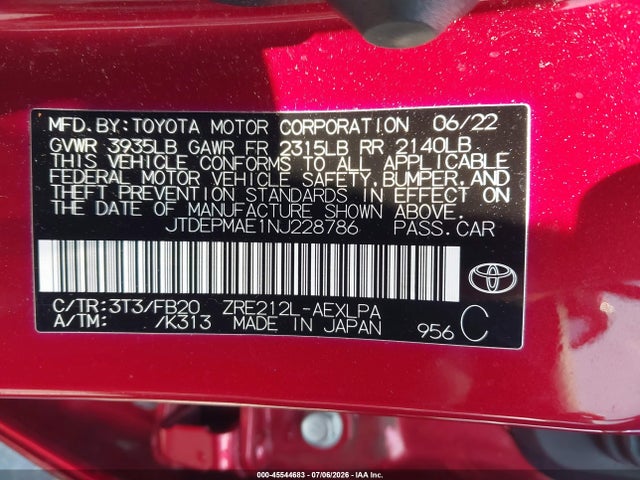 Продаж на аукціоні авто 2022 Toyota Corolla Le, vin: JTDEPMAE1NJ228786, номер лоту: 45544683