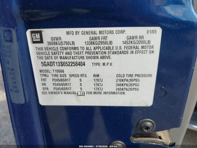 Продаж на аукціоні авто 2005 Buick Rainier Cxl, vin: 5GADT13S652258404, номер лоту: 45544691