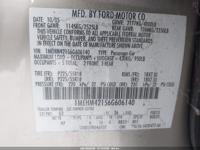 Продажа на аукционе авто 2006 Mercury Montego Premier, vin: 1MEHM42156G606140, номер лота: 45544705