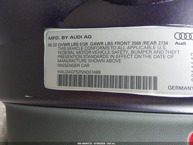 Продаж на аукціоні авто 2022 Audi A5 Cabriolet Premium 45 Tfsi Quattro S Tronic, vin: WAU2AGF52NN007489, номер лоту: 45544723