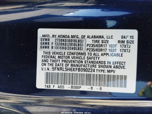 Honda Odyssey Ex-l 2015 5FNRL5H6XFB090224 Image 9