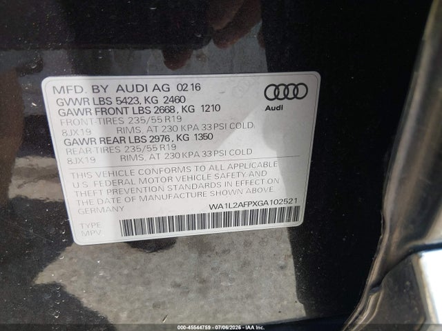 Aukcja sprzedaży 2016 Audi Q5 2.0t Premium, vin: WA1L2AFPXGA102521, numer aukcji: 45544759