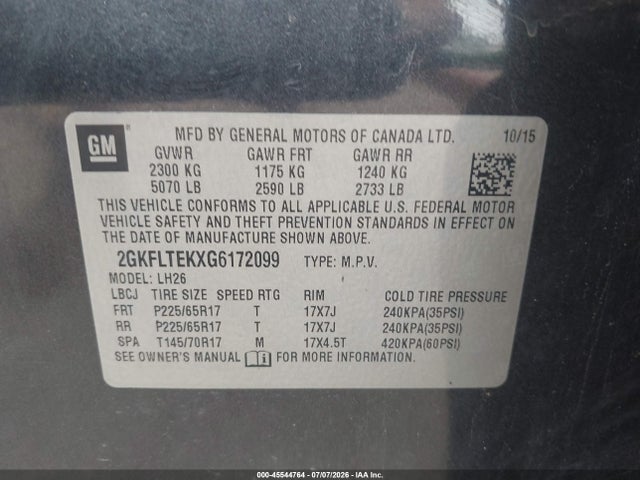 45544764 :رقم المزاد ، 2GKFLTEKXG6172099 vin ، 2016 Gmc Terrain Sle-2 مزاد بيع