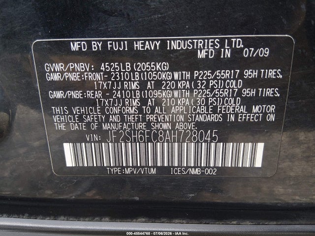 Продажа на аукционе авто 2010 Subaru Forester 2.5xt Limited, vin: JF2SH6FC8AH728045, номер лота: 45544768