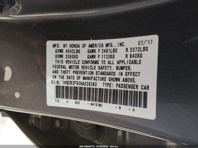 45544773 :رقم المزاد ، 1HGCR3F90HA039365 vin ، 2017 Honda Accord Touring V6 مزاد بيع