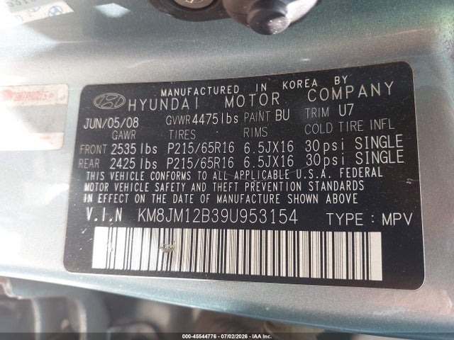 Продажа на аукционе авто 2009 Hyundai Tucson Gls, vin: KM8JM12B39U953154, номер лота: 45544776