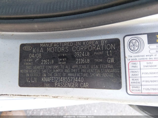 Aukcja sprzedaży 2008 Kia Spectra Ex, vin: KNAFE121485573440, numer aukcji: 45544786