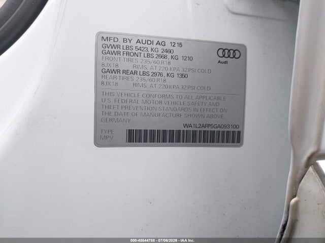 Aukcja sprzedaży 2016 Audi Q5 2.0t Premium, vin: WA1L2AFP5GA093100, numer aukcji: 45544788
