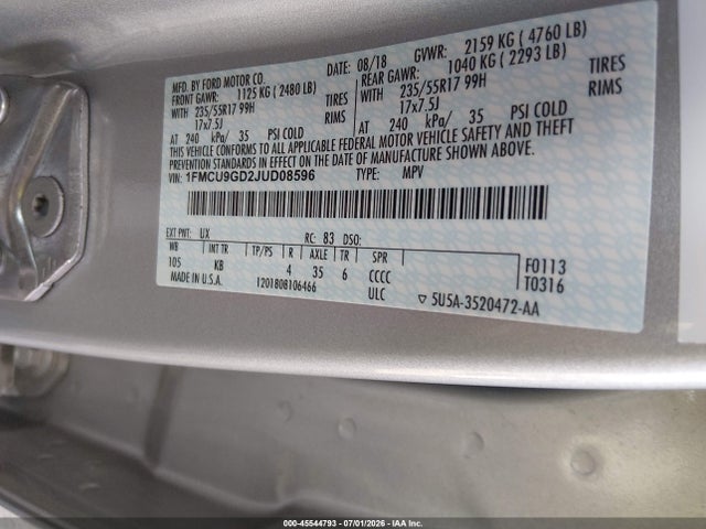 1FMCU9GD2JUD08596 Ford ESCAPE SE
