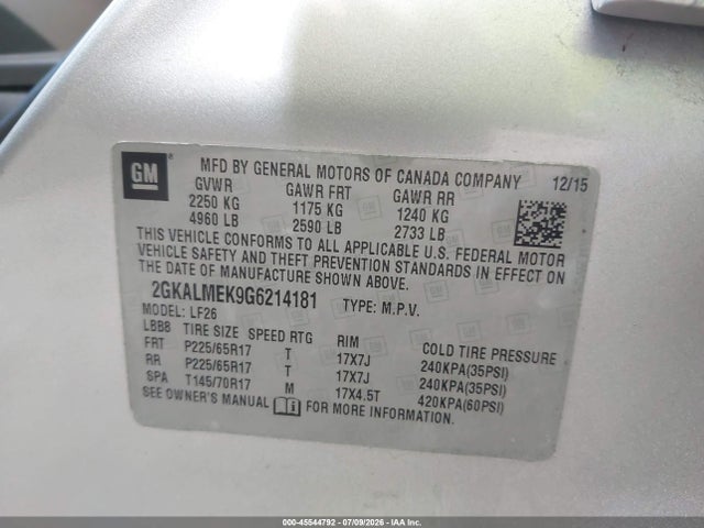 GMC Terrain Sle-1 2016 2GKALMEK9G6214181 Image 9