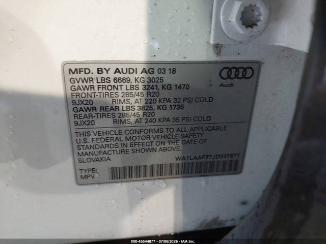 Aukcja sprzedaży 2018 Audi Q7 3.0t Premium, vin: WA1LAAF77JD037877, numer aukcji: 45544877