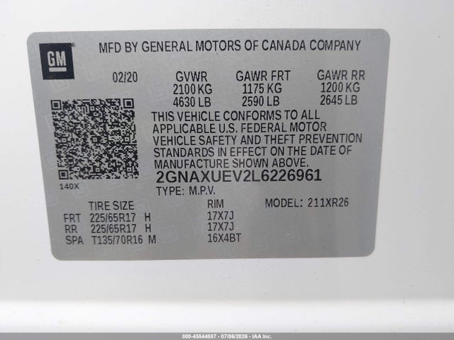 2020 Chevrolet Equinox Awd Lt 1.5l Turbo მანქანა იყიდება აუქციონზე, vin: 2GNAXUEV2L6226961, აუქციონის ნომერი: 45544887