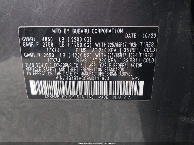 Aukcja sprzedaży 2021 Subaru Outback Premium, vin: 4S4BTACC9M3116924, numer aukcji: 45544889