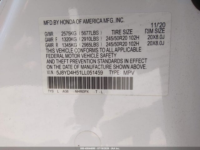 Aukcja sprzedaży 2020 Acura Mdx Technology Package, vin: 5J8YD4H51LL051459, numer aukcji: 45544895