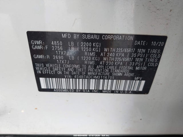 Продаж на аукціоні авто 2021 Subaru Outback Premium, vin: 4S4BTADCXM3116705, номер лоту: 45544898