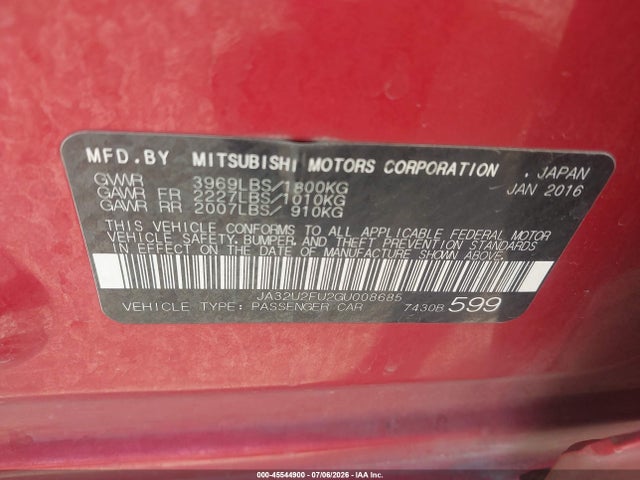 45544900 :رقم المزاد ، JA32U2FU2GU008685 vin ، 2016 Mitsubishi Lancer Es مزاد بيع