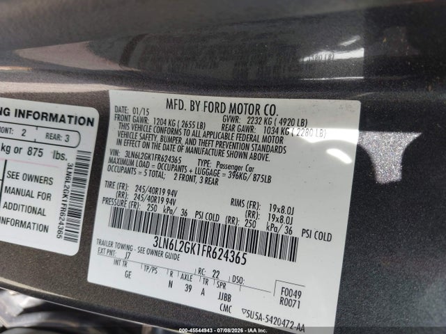 Auction sale of the 2015 Lincoln Mkz, vin: 3LN6L2GK1FR624365, lot number: 45544943