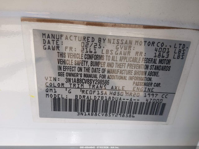 Продаж на аукціоні авто 2025 Nissan Sentra Sv, vin: 3N1AB8CV8SY298586, номер лоту: 45544945