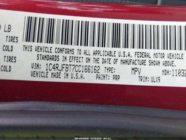 2012 Jeep Grand Cherokee Limited მანქანა იყიდება აუქციონზე, vin: 1C4RJFBT7CC166162, აუქციონის ნომერი: 45544948
