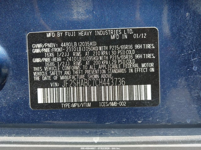 Aukcja sprzedaży 2012 Subaru Forester 2.5x, vin: JF2SHABC7CH443736, numer aukcji: 45544951
