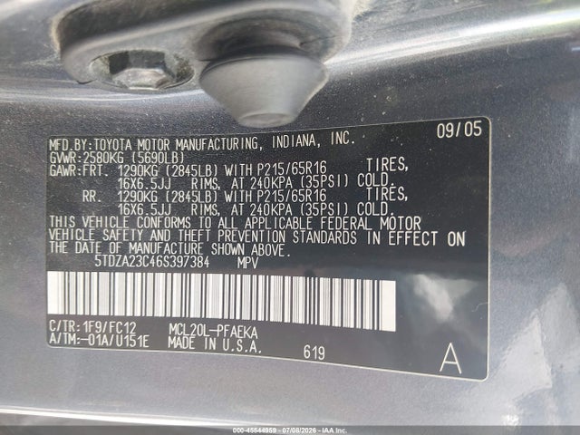 Aukcja sprzedaży 2006 Toyota Sienna Le, vin: 5TDZA23C46S397384, numer aukcji: 45544959