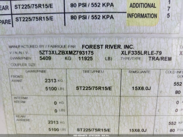 Aukcja sprzedaży 2021 Forest River Other, vin: 5ZT3XLZBXMZ793175, numer aukcji: 45544978