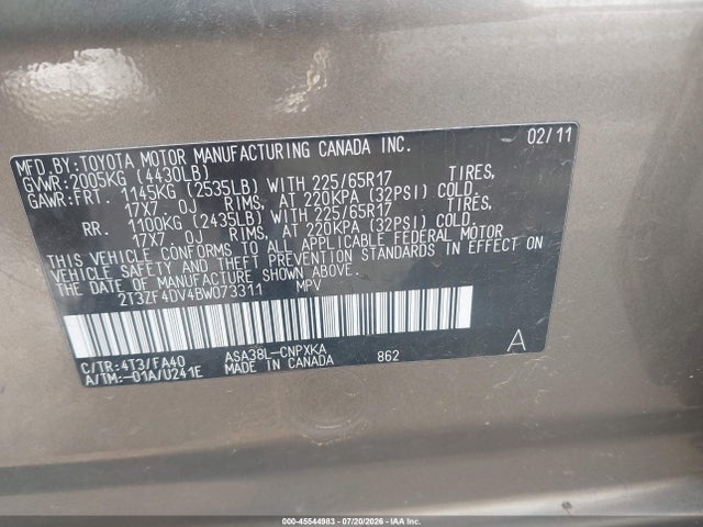 Aukcja sprzedaży 2011 Toyota Rav4, vin: 2T3ZF4DV4BW073311, numer aukcji: 45544983
