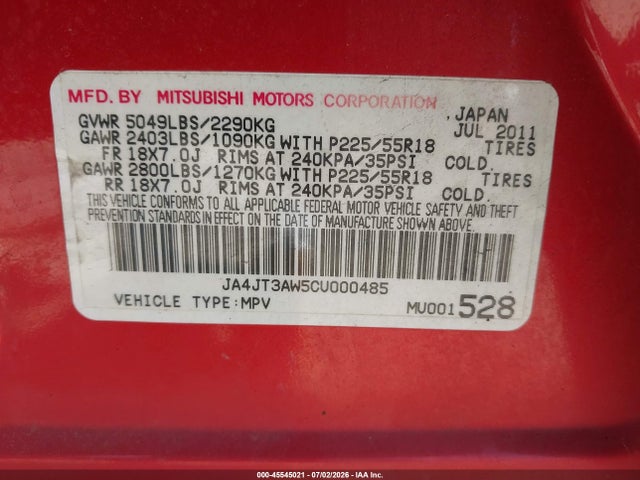 Aukcja sprzedaży 2012 Mitsubishi Outlander Se, vin: JA4JT3AW5CU000485, numer aukcji: 45545021