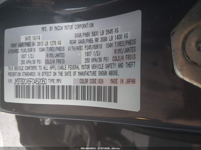 2015 Mazda Cx-9 Touring მანქანა იყიდება აუქციონზე, vin: JM3TB2CA5F0452050, აუქციონის ნომერი: 45545033