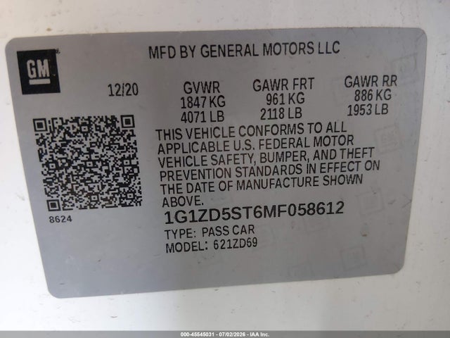 1G1ZD5ST6MF058612 Chevrolet Malibu Fwd Lt