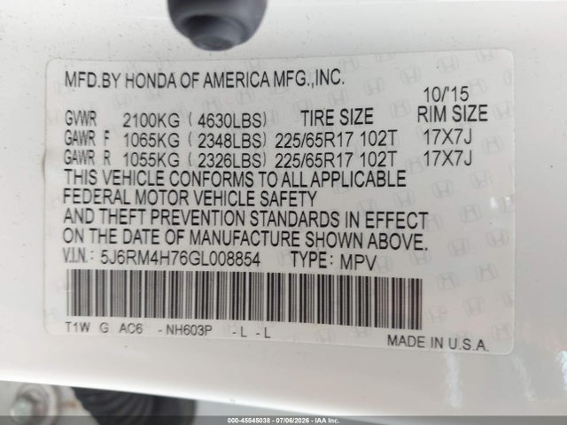 Honda Cr-v Ex-l 2016 5J6RM4H76GL008854 Image 9