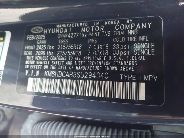 Продаж на аукціоні авто 2025 Hyundai Kona Sel, vin: KM8HBCAB3SU294340, номер лоту: 45545051
