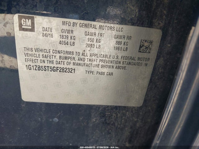 45545070 :رقم المزاد ، 1G1ZB5ST5GF282321 vin ، 2016 Chevrolet Malibu Ls مزاد بيع