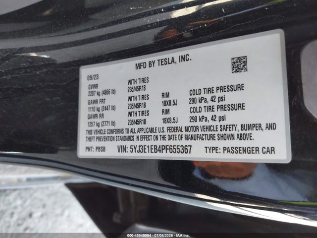 Aukcja sprzedaży 2023 Tesla Model 3 Long Range Dual Motor All-wheel Drive, vin: 5YJ3E1EB4PF655367, numer aukcji: 45545084