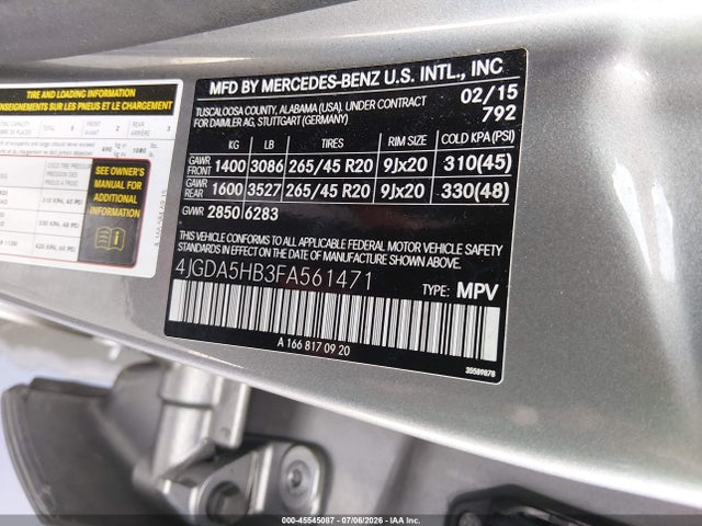Продаж на аукціоні авто 2015 Mercedes-benz Ml 350 4matic, vin: 4JGDA5HB3FA561471, номер лоту: 45545087