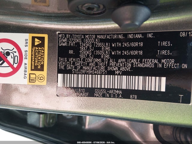 Aukcja sprzedaży 2017 Toyota Highlander Xle, vin: 5TDJZRFH9HS468751, numer aukcji: 45545098