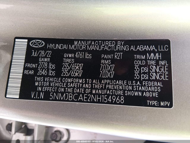 45545103 :رقم المزاد ، 5NMJBCAE2NH154968 vin ، 2022 Hyundai Tucson Sel مزاد بيع