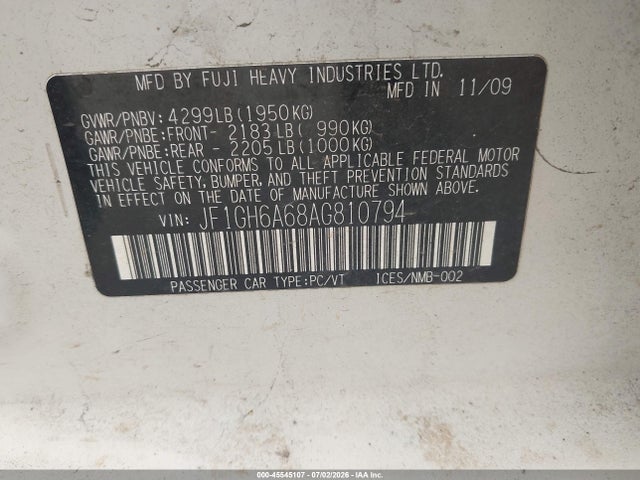 Auction sale of the 2010 Subaru Impreza 2.5i, vin: JF1GH6A68AG810794, lot number: 45545107