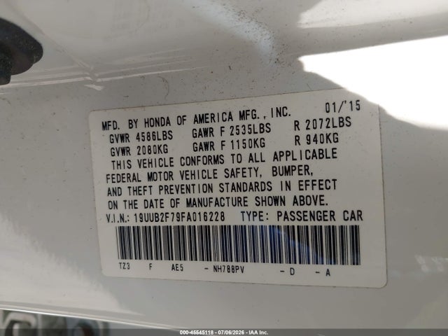 45545118 :رقم المزاد ، 19UUB2F79FA016228 vin ، 2015 Acura Tlx V6 Advance مزاد بيع
