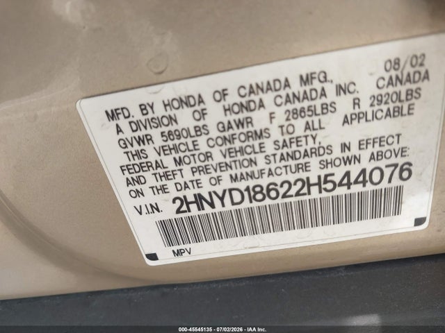 45545135 :رقم المزاد ، 2HNYD18622H544076 vin ، 2002 Acura Mdx مزاد بيع